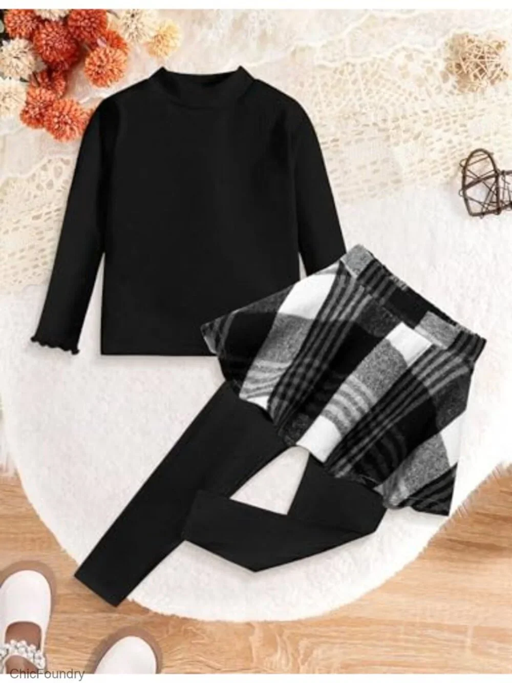 2Pc Girls Long Sleeve Knit Top & Plaid Skirt Leggings Set